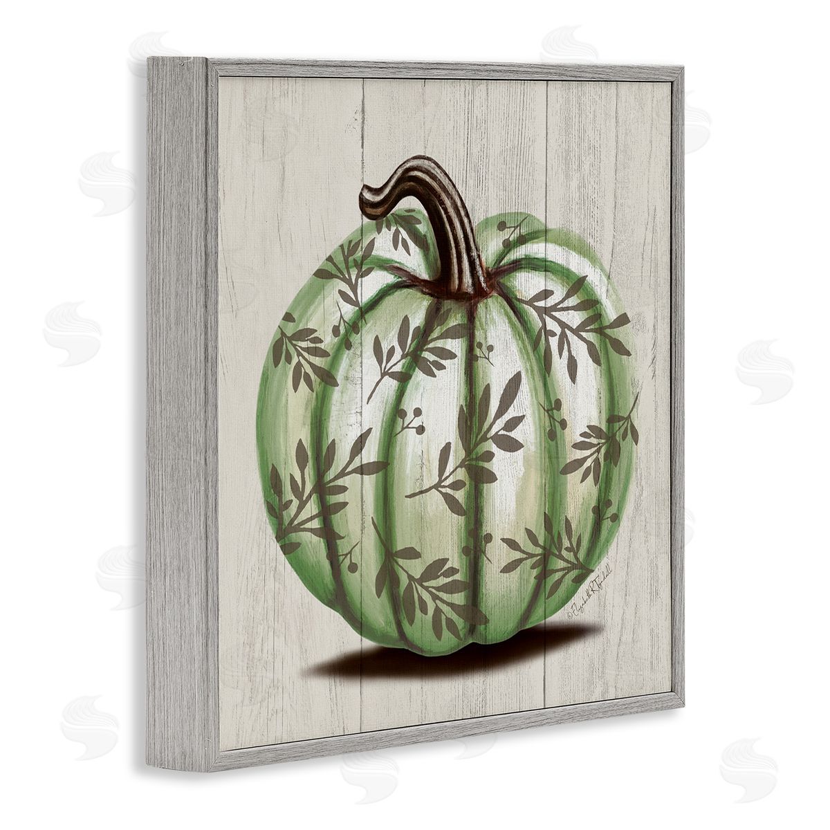 Elizabeth Tyndall Green Autumn Pumpkin Patterned Gray Framed Glicee Wall Art Print