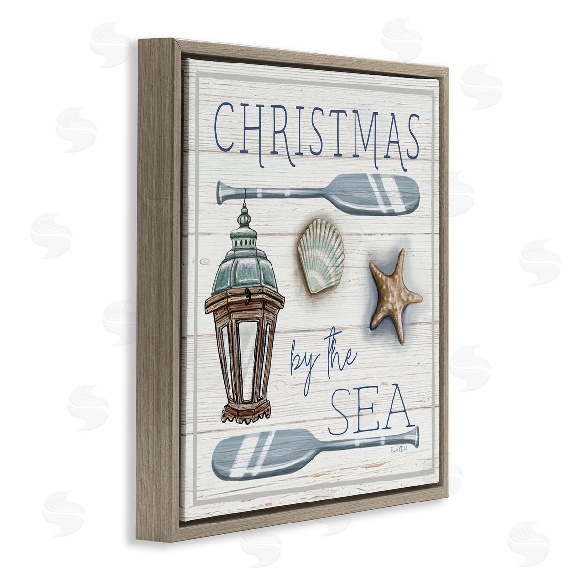 Elizabeth Tyndall Christmas By The Sea Phrase Brown Floating Frame Canvas Wall Art Print