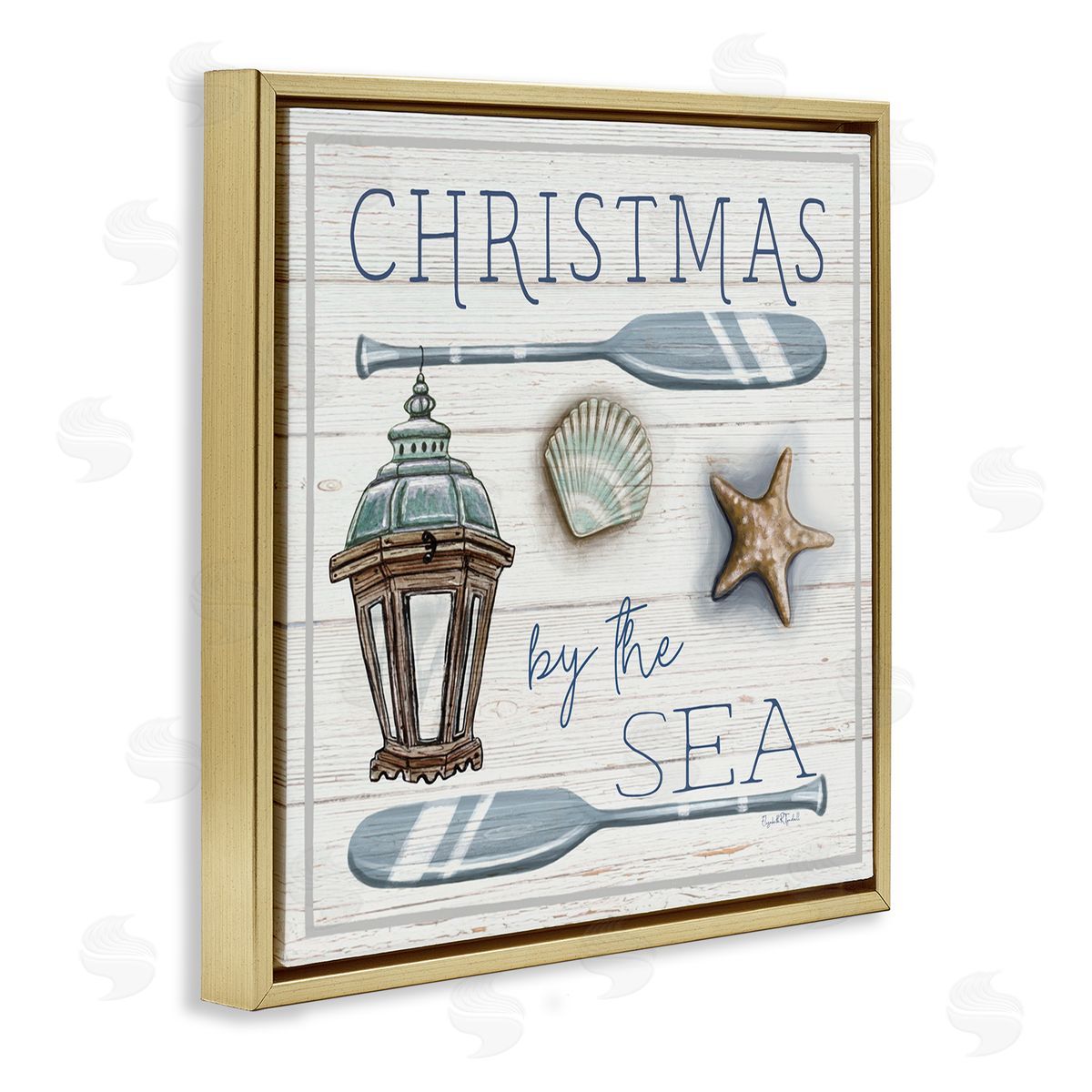 Elizabeth Tyndall Christmas By The Sea Phrase Gold Floating Frame Canvas Wall Art Print