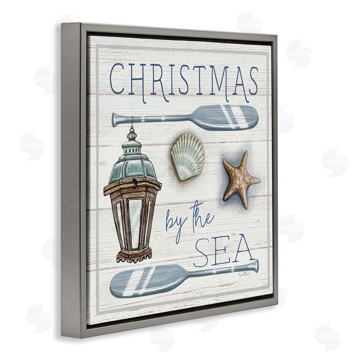 Elizabeth Tyndall Christmas By The Sea Phrase Gray Floating Frame Canvas Wall Art Print