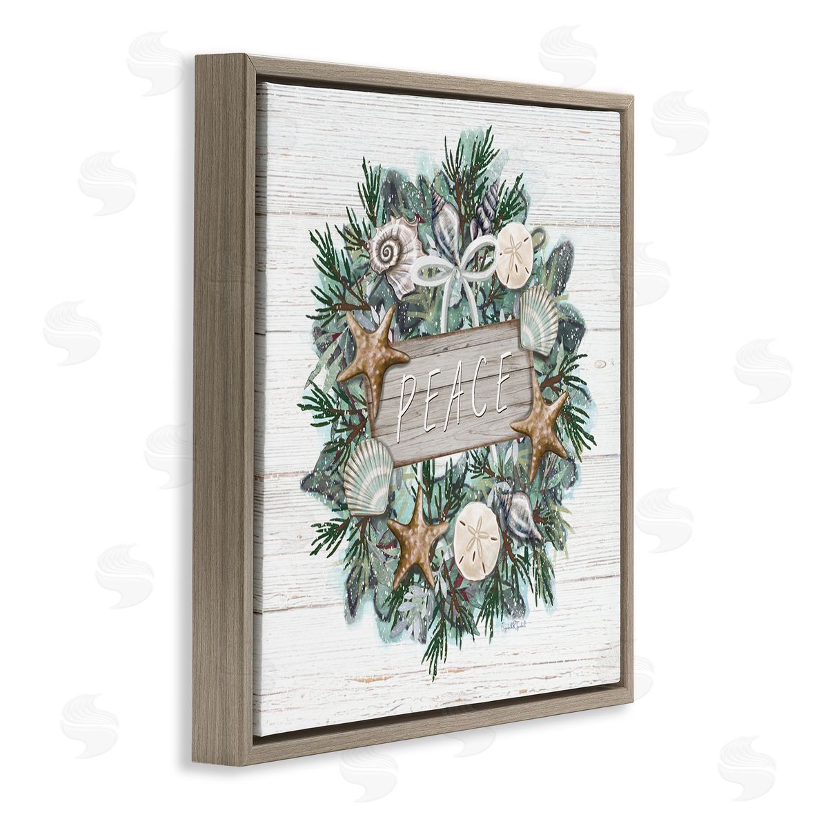 Elizabeth Tyndall Sea Life Holiday Peace Wreath Brown Floating Frame Canvas Wall Art Print