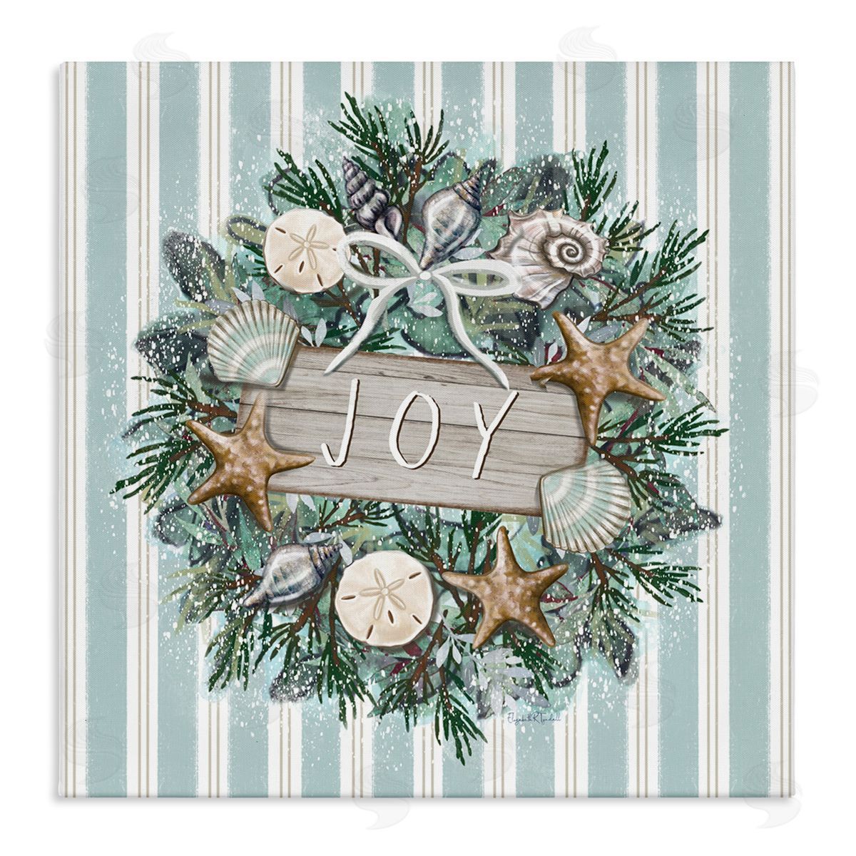 Elizabeth Tyndall Striped Joy Seashell Wreath Stretched Canvas Wall Art Print