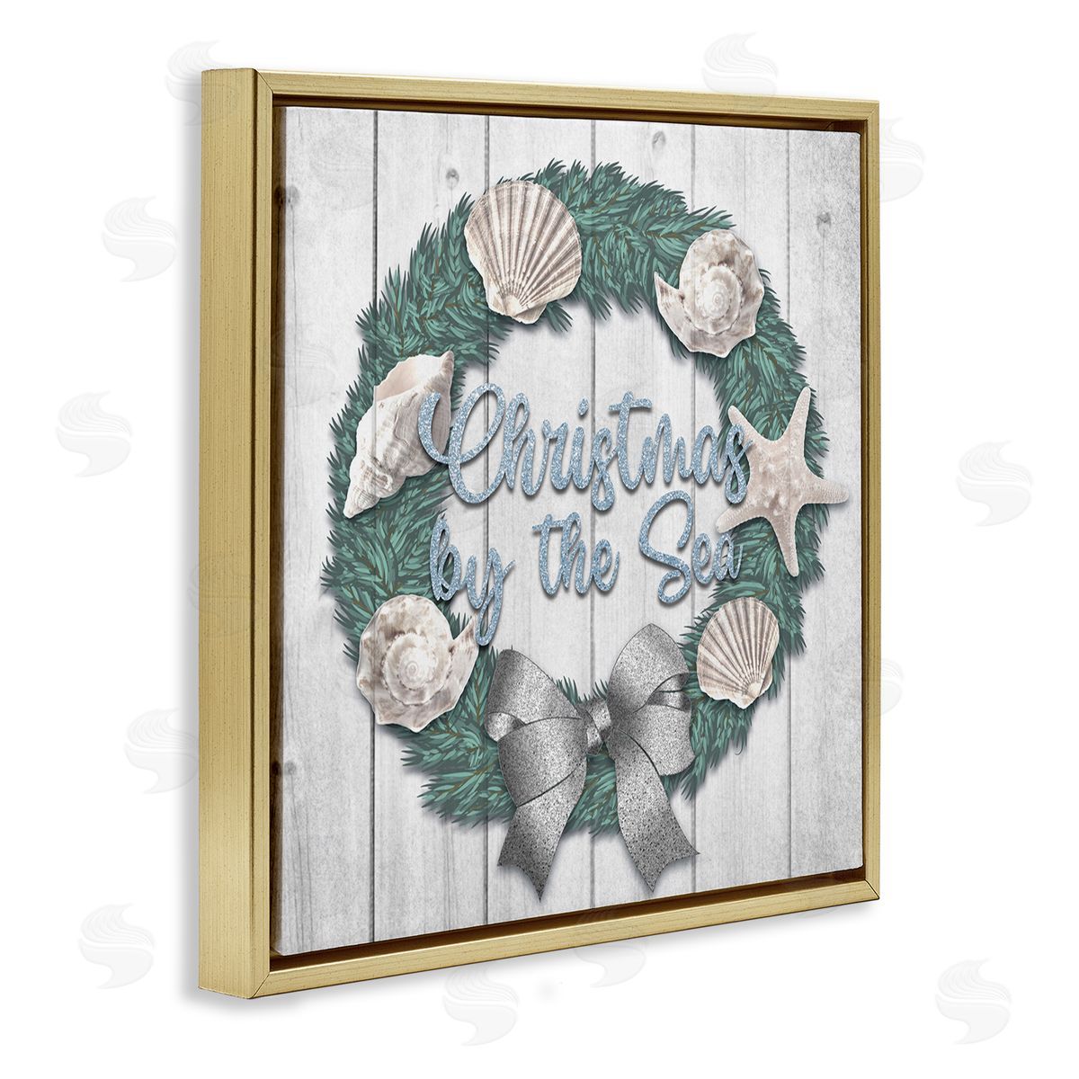 Marcus Prime Christmas By The Sea Nautical Wreath Gold Floating Frame Canvas Wall Art Print