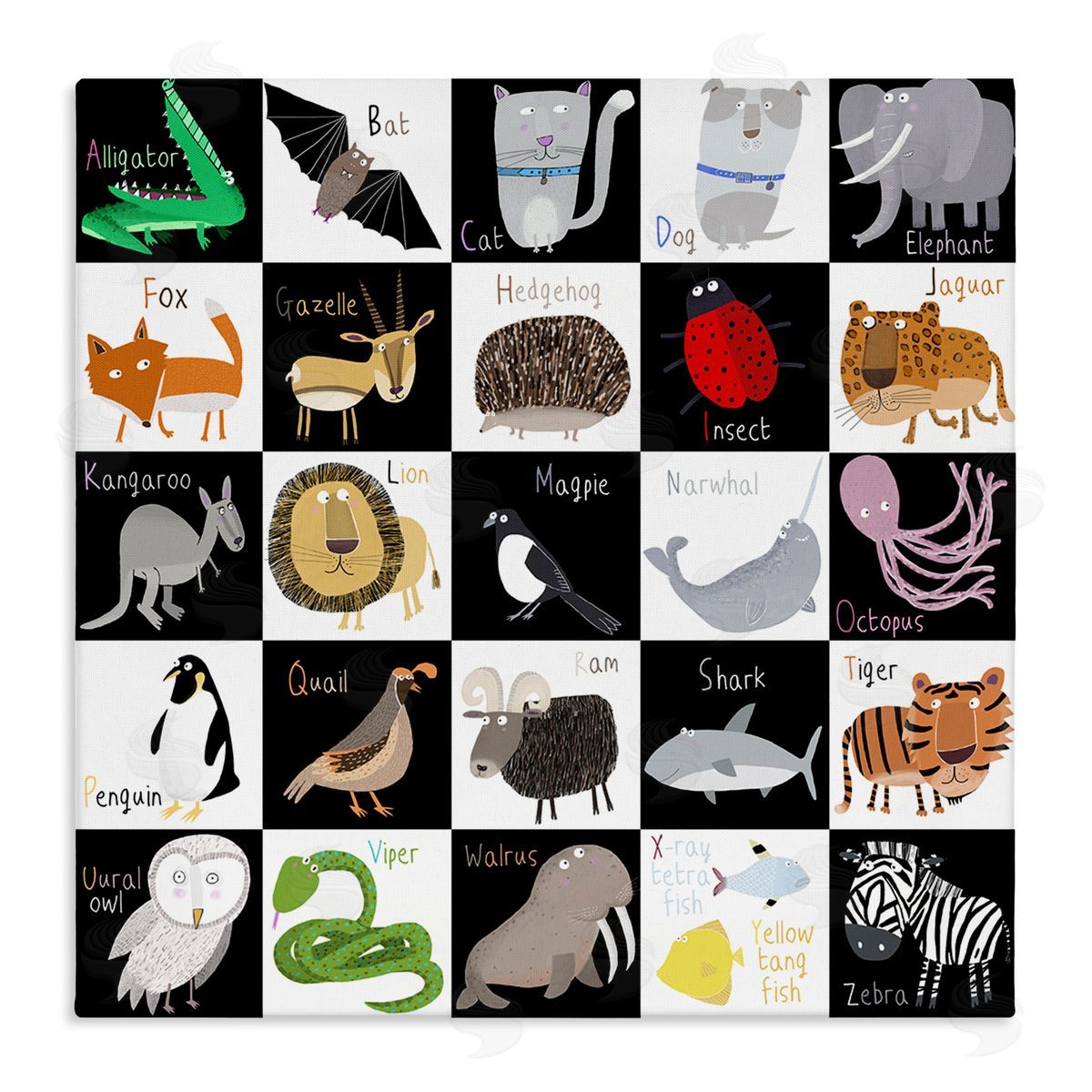 Carla Daly Checkered Educational Animal ABC Stretched Canvas Wall Art Print