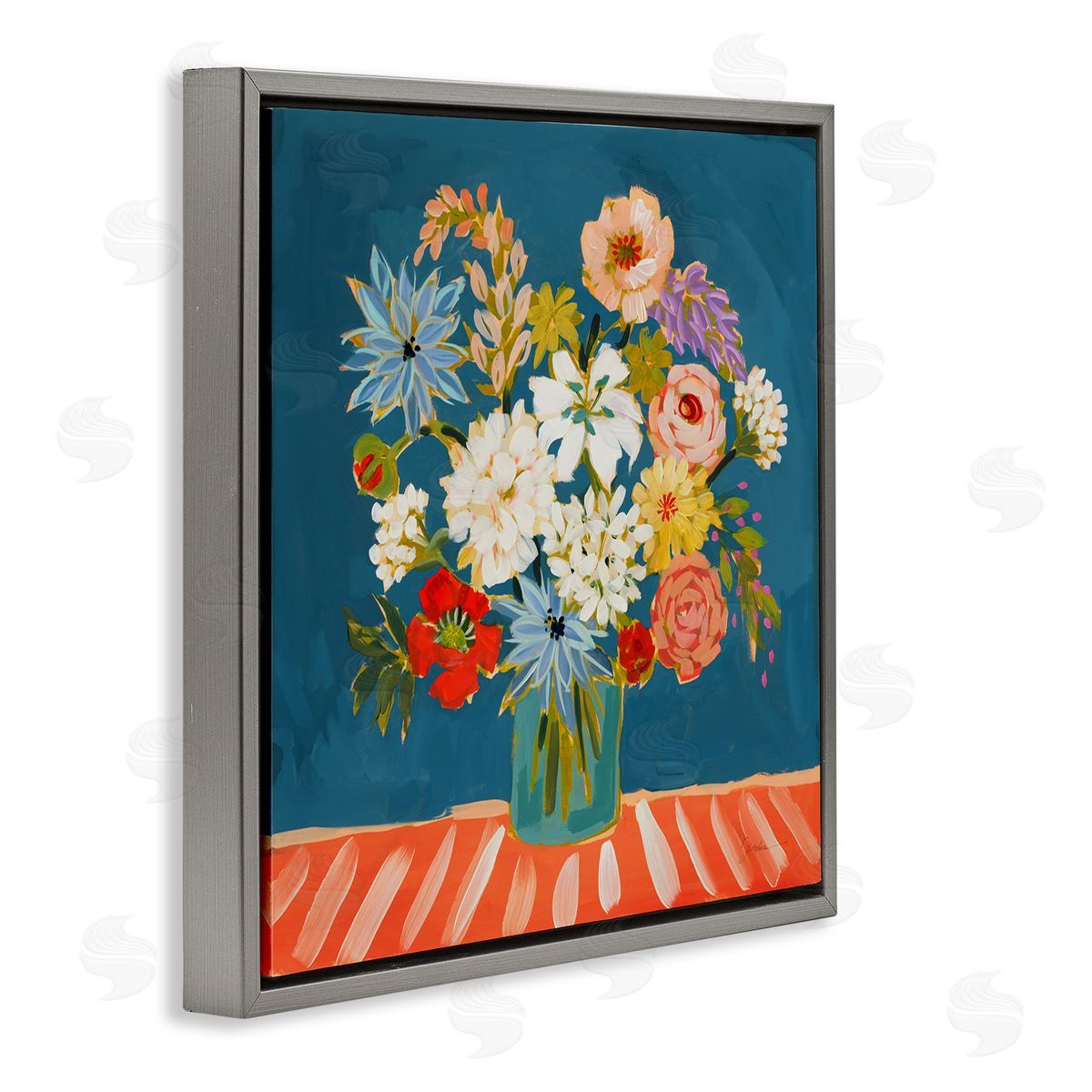 Liz Jardine Modern Mixed Vivid Flowers Gray Floating Frame Canvas Wall Art Print