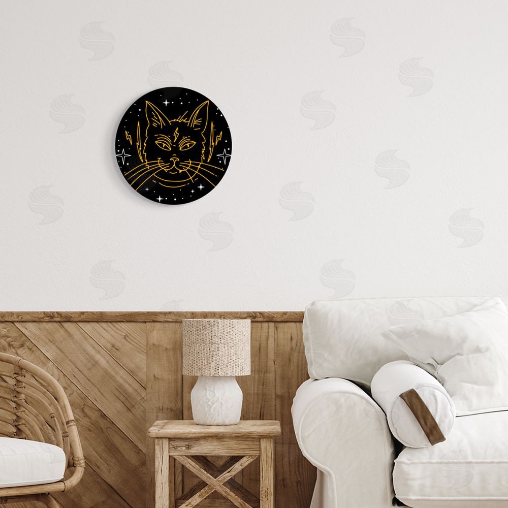 Stupell Studio Yellow Outline Lightning Bolt Cat Round Wall Plaque Art Print in Room