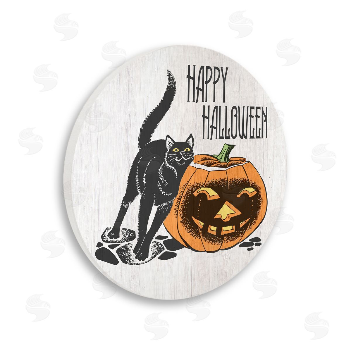 Stupell Studio Happy Halloween Pumpkin Cat Wooden Wall Plaque Art Print