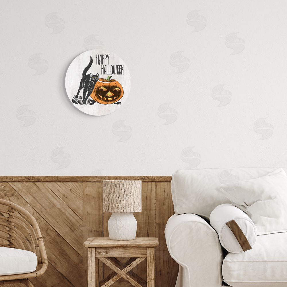 Stupell Studio Happy Halloween Pumpkin Cat Round Wall Plaque Art Print in Room