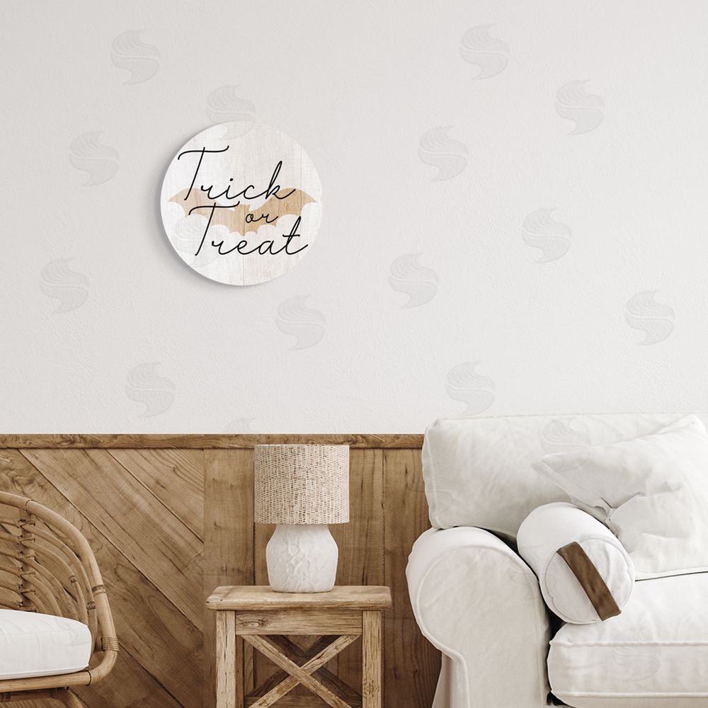 Stupell Studio Trick Or Treat Halloween Bat Round Wall Plaque Art Print in Room