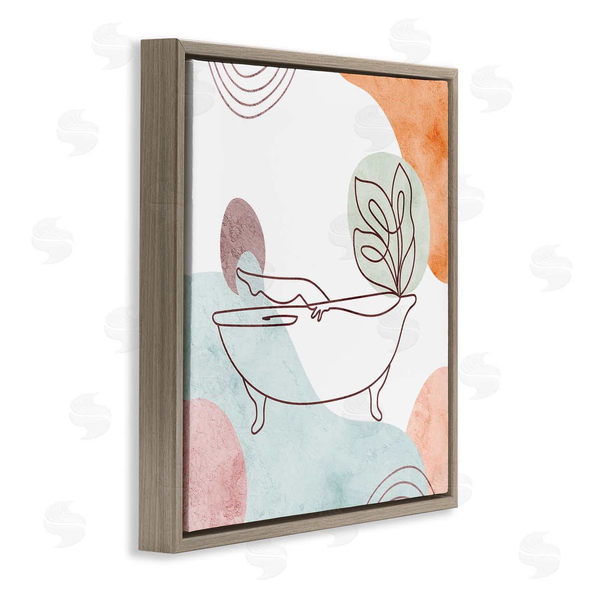 Stupell Studio Girl in Tub Floral Geometric Shapes Brown Floating Frame Canvas Wall Art Print