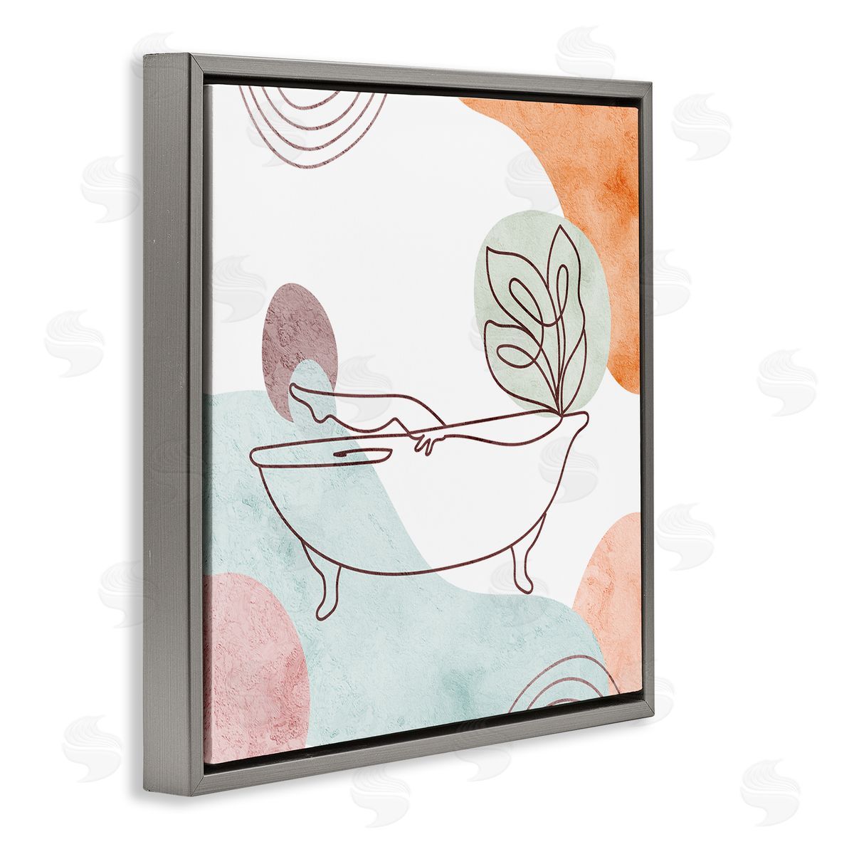 Stupell Studio Girl in Tub Floral Geometric Shapes Gray Floating Frame Canvas Wall Art Print