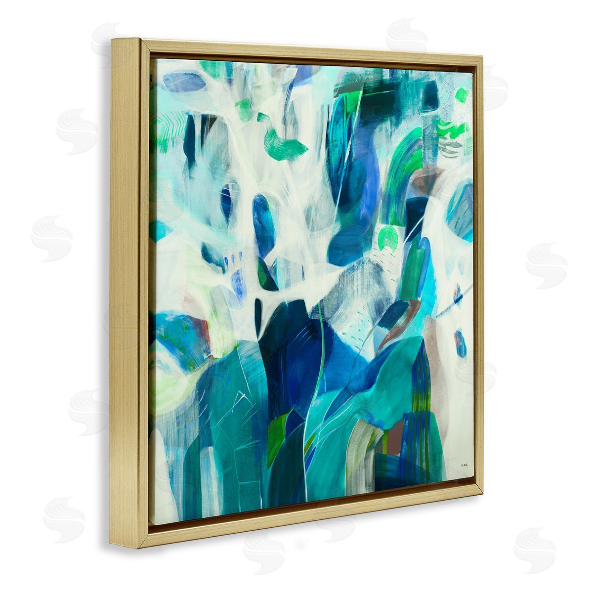 Jill Martin Wavy Blue Abstract Forms Gold Floating Frame Canvas Wall Art Print