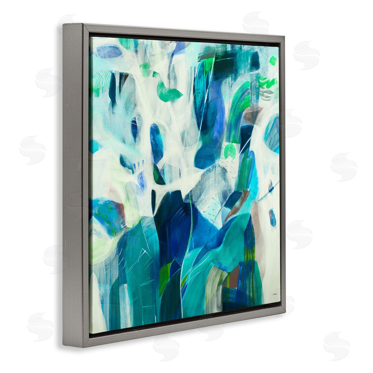 Jill Martin Wavy Blue Abstract Forms Gray Floating Frame Canvas Wall Art Print