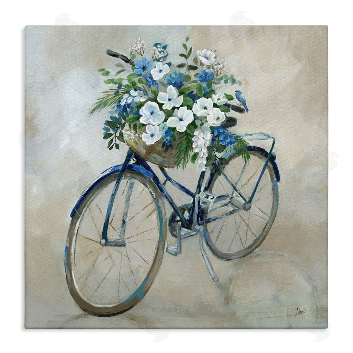Nan Flower Blooms Bicycle Basket Stretched Canvas Wall Art Print