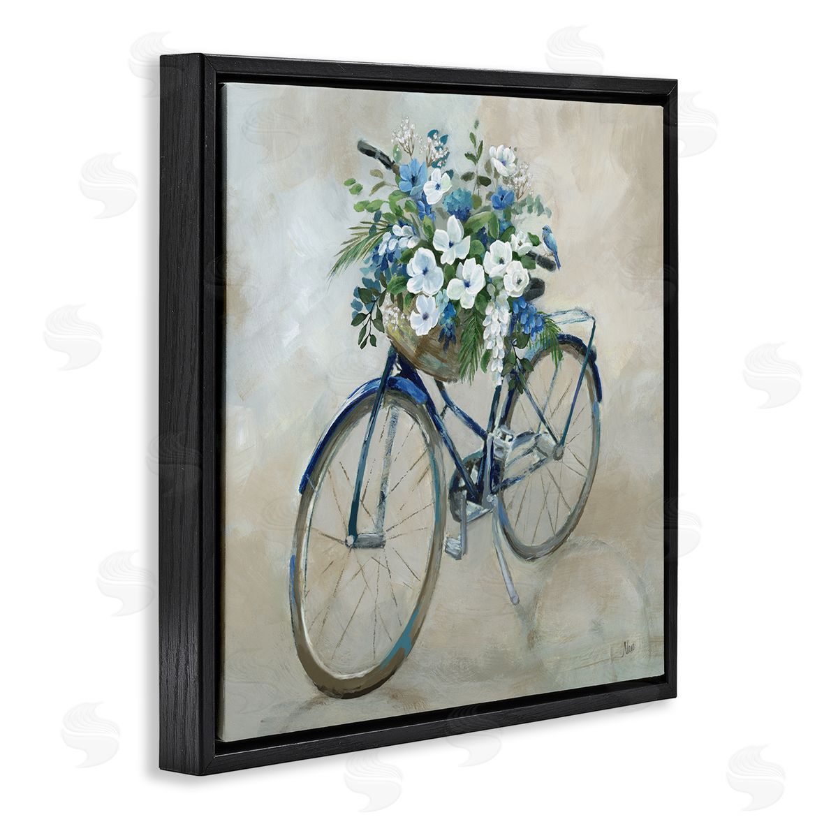 Nan Flower Blooms Bicycle Basket Black Floating Frame Canvas Wall Art Print