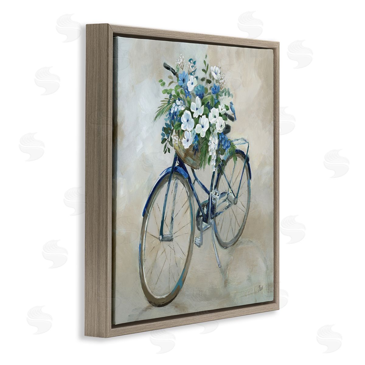 Nan Flower Blooms Bicycle Basket Brown Floating Frame Canvas Wall Art Print