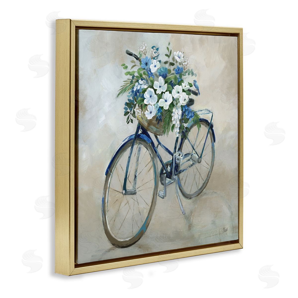 Nan Flower Blooms Bicycle Basket Gold Floating Frame Canvas Wall Art Print
