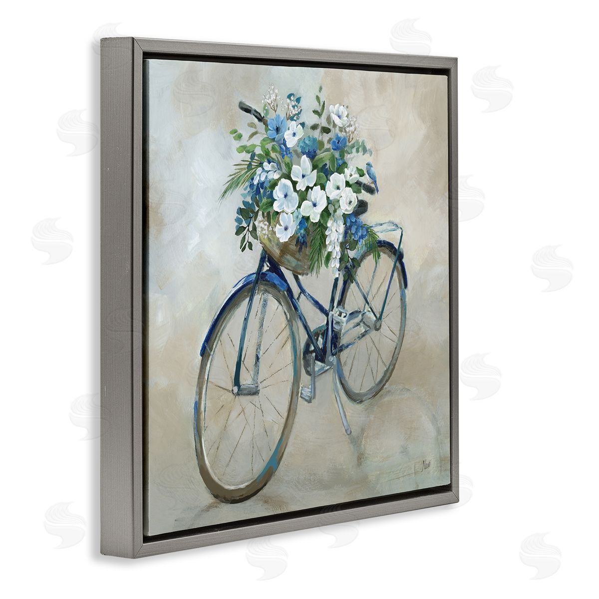 Nan Flower Blooms Bicycle Basket Gray Floating Frame Canvas Wall Art Print