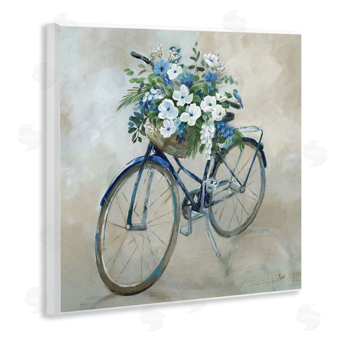 Nan Flower Blooms Bicycle Basket Wooden Wall Plaque Art Print