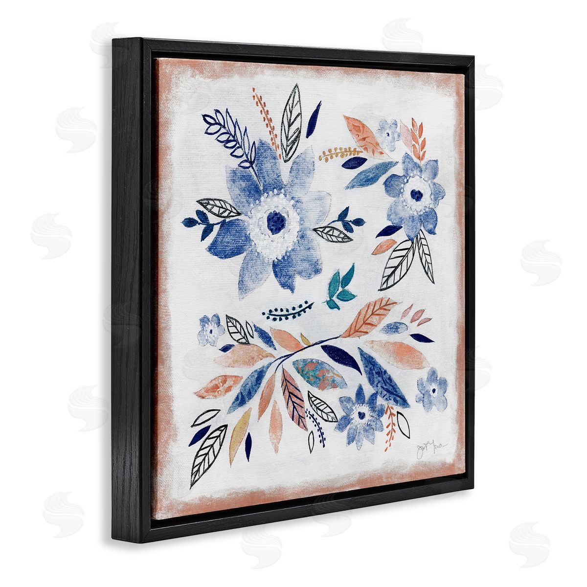 Janet Tava Boho Flower Leaf Arrangement Black Floating Frame Canvas Wall Art Print