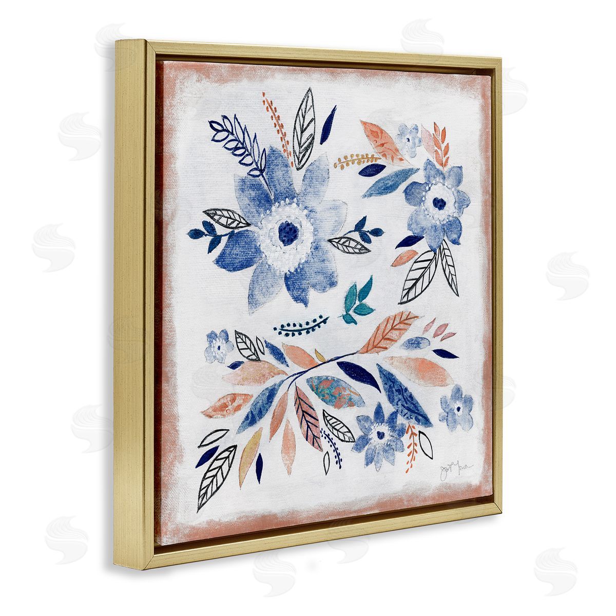 Janet Tava Boho Flower Leaf Arrangement Gold Floating Frame Canvas Wall Art Print