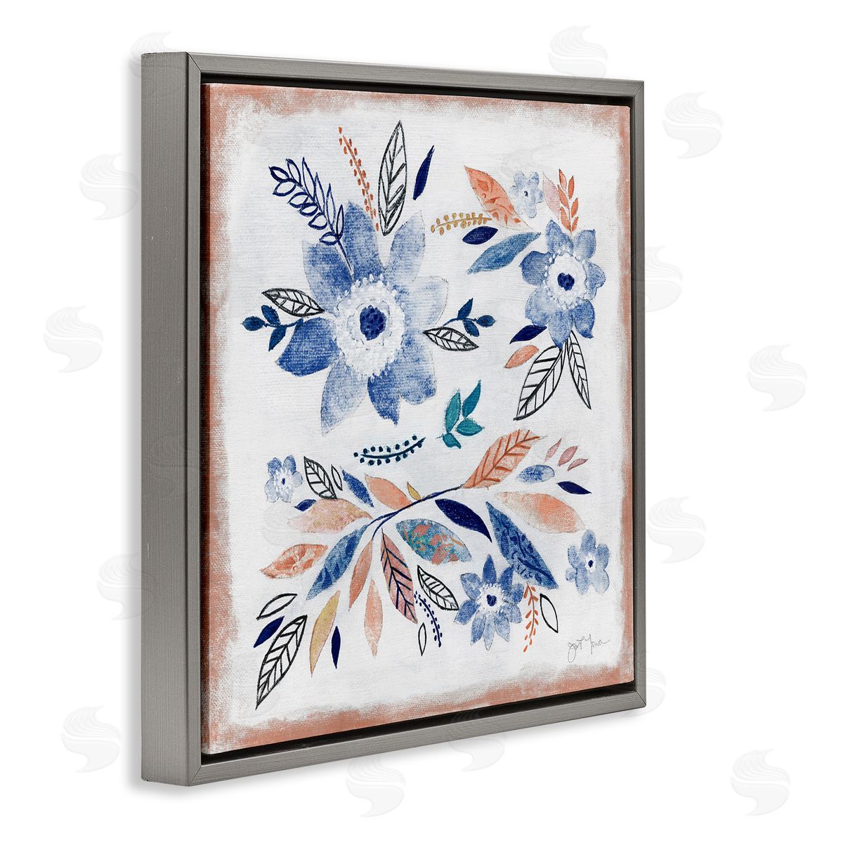 Janet Tava Boho Flower Leaf Arrangement Gray Floating Frame Canvas Wall Art Print