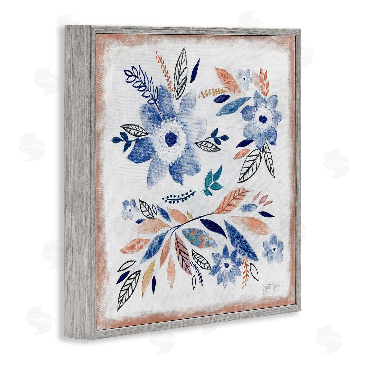 Janet Tava Boho Flower Leaf Arrangement Gray Framed Glicee Wall Art Print