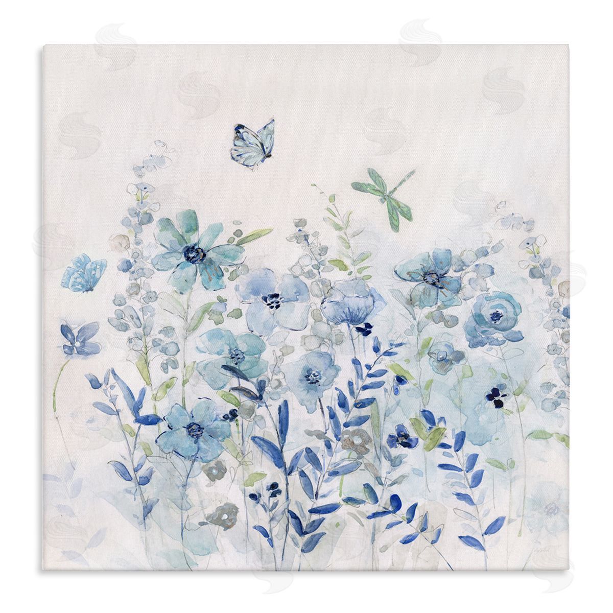 Sally Swatland Butterfly Fluttering Blue Flowers Stretched Canvas Wall Art Print