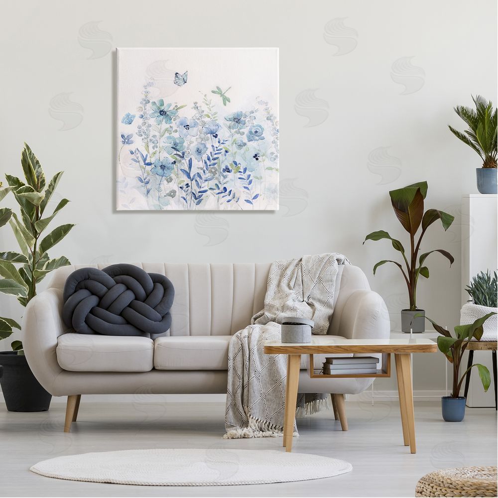 Sally Swatland Butterfly Fluttering Blue Flowers Canvas Wall Art in Room