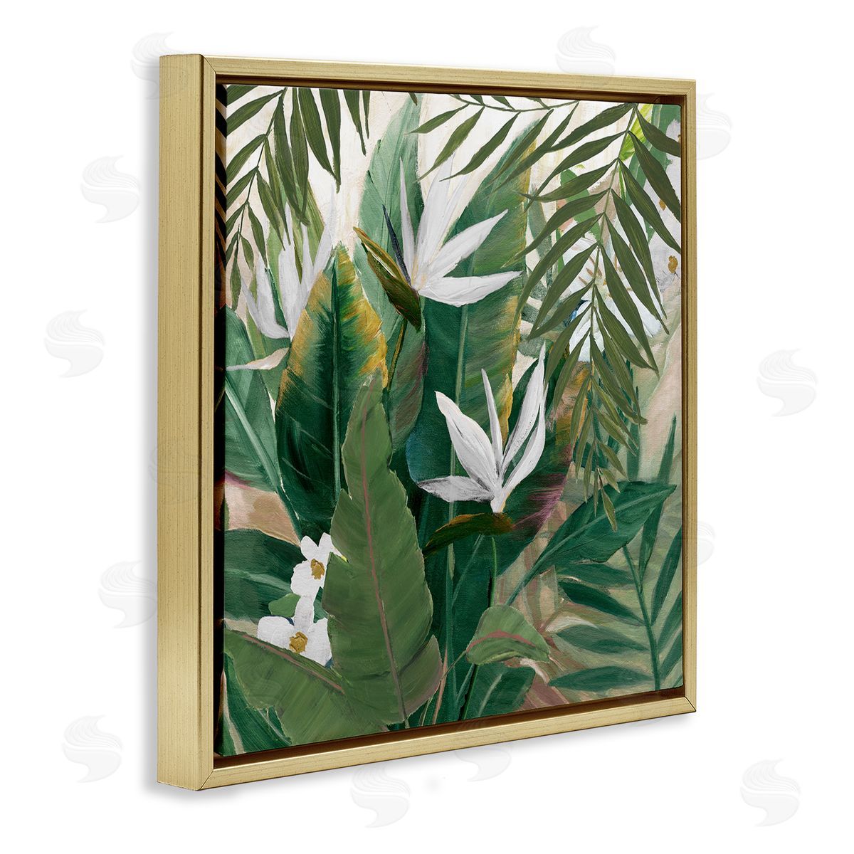 Tropical Birds Of Paradise Plant Gold Floating Frame Canvas Wall Art, Home Decor by Nan