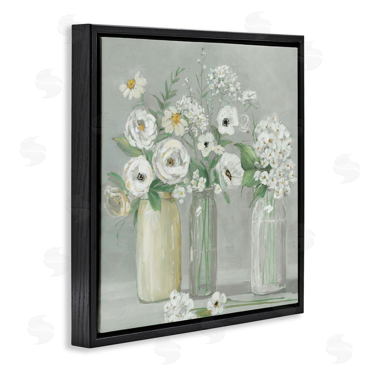 Sally Swatland Soft White Mixed Floral Arrangement Black Floating Frame Canvas Wall Art Print