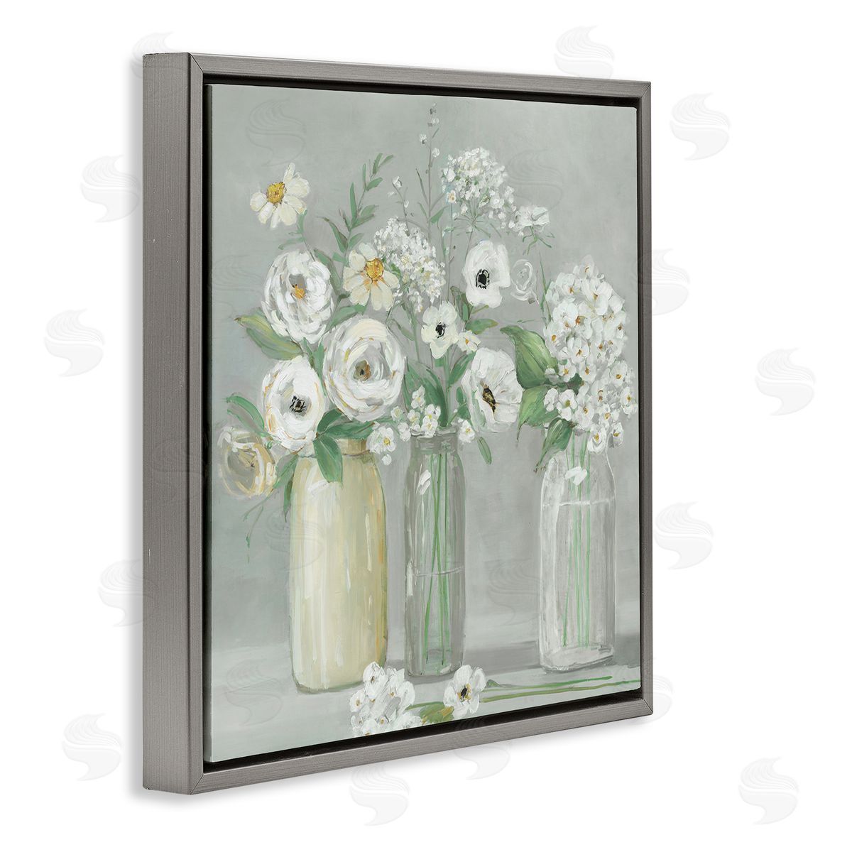 Sally Swatland Soft White Mixed Floral Arrangement Gray Floating Frame Canvas Wall Art Print