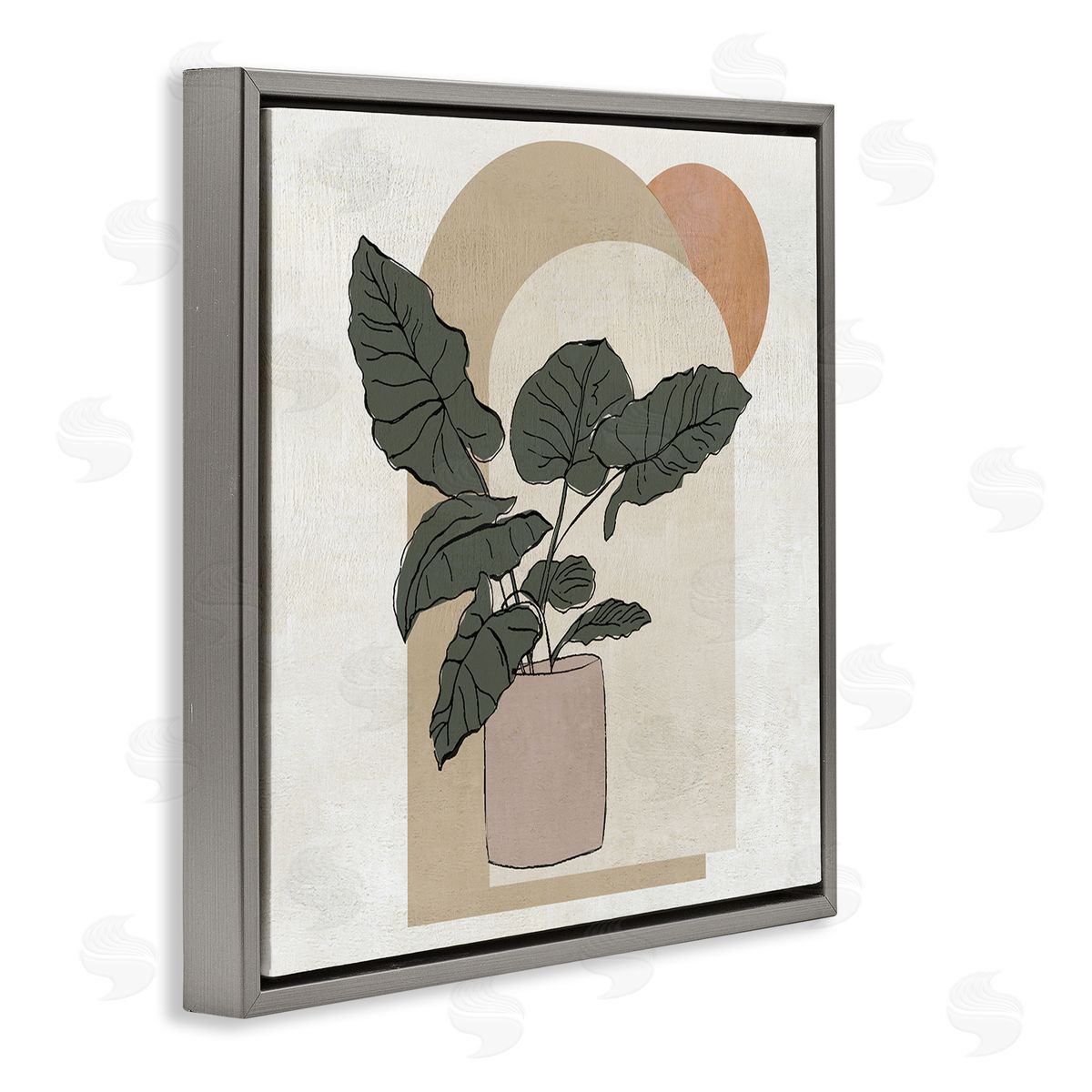 Janet Tava Potted Plant Arched Geometric Shapes Gray Floating Frame Canvas Wall Art Print