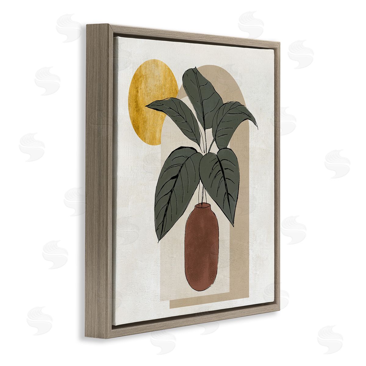 Janet Tava Planter Leaves Geometric Sun Shapes Brown Floating Frame Canvas Wall Art Print
