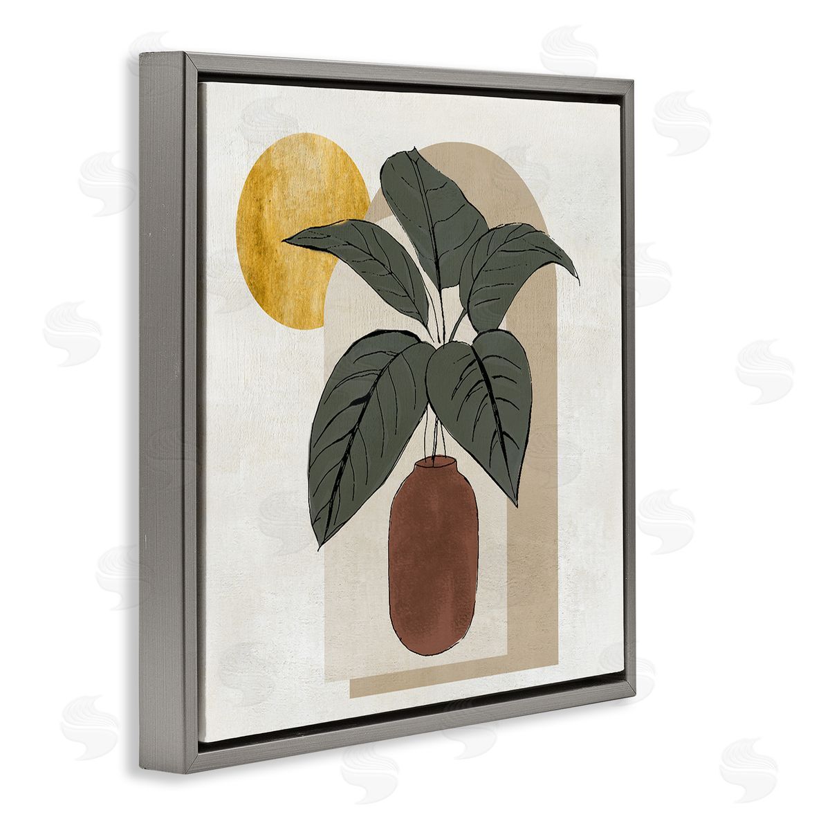 Janet Tava Planter Leaves Geometric Sun Shapes Gray Floating Frame Canvas Wall Art Print
