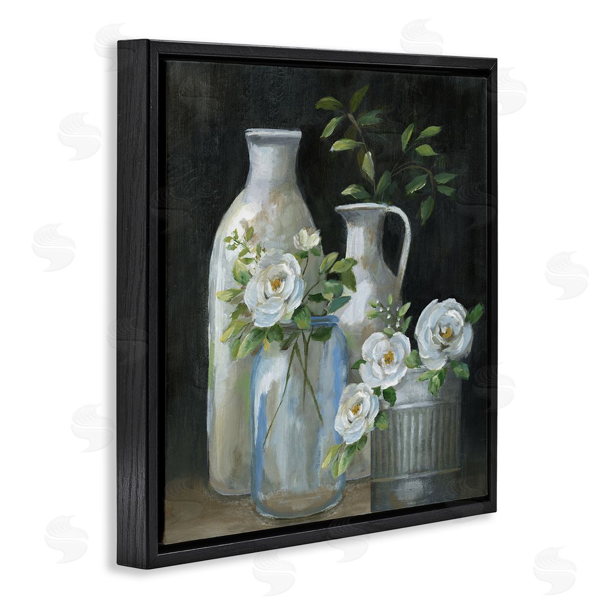 Nan Blooming Florals Botanical Jugs Black Floating Frame Canvas Wall Art Print