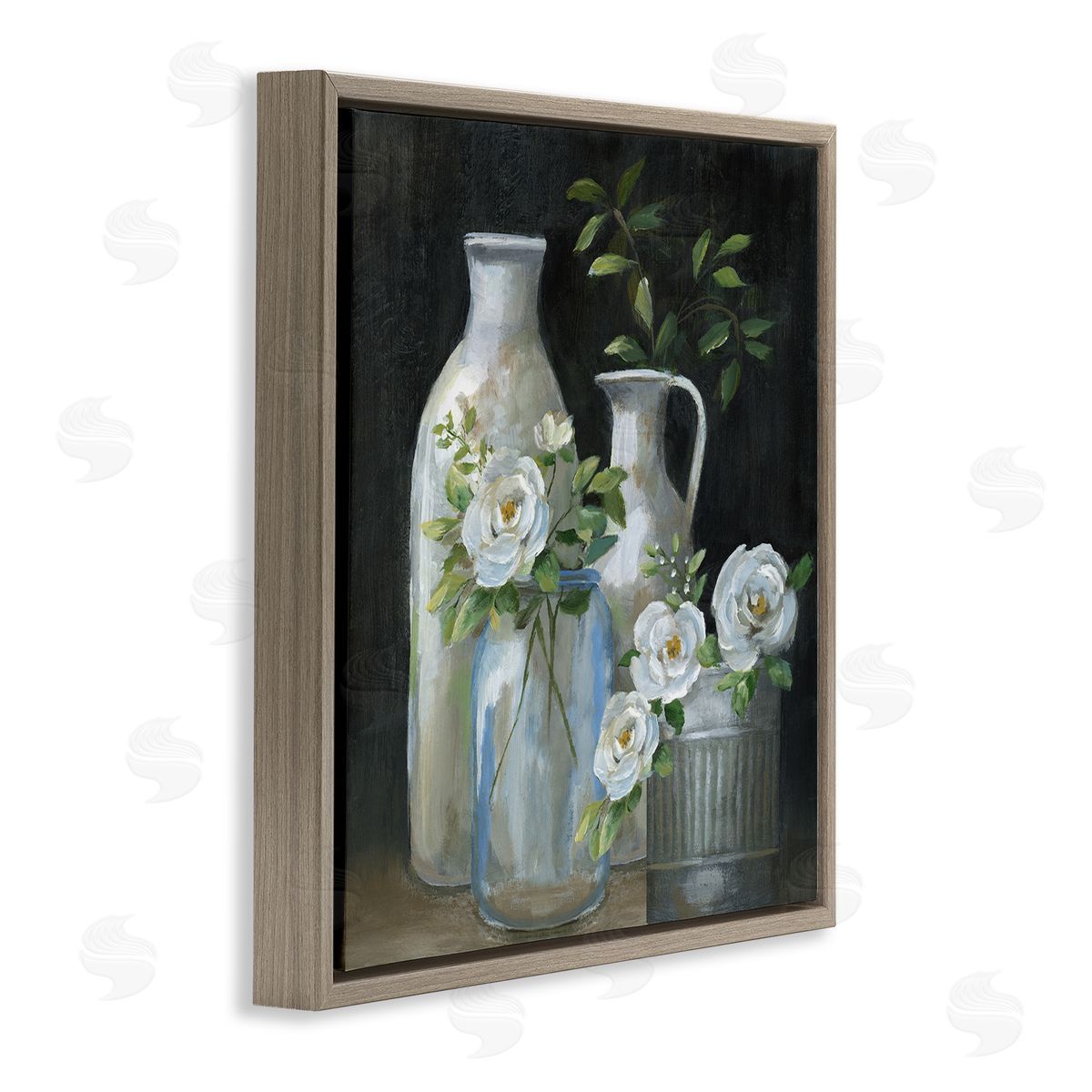 Nan Blooming Florals Botanical Jugs Brown Floating Frame Canvas Wall Art Print