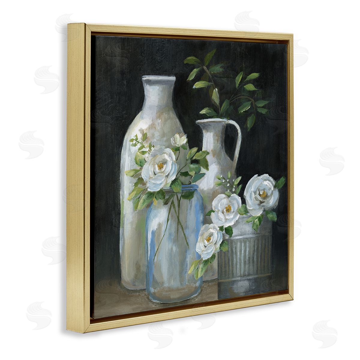 Nan Blooming Florals Botanical Jugs Gold Floating Frame Canvas Wall Art Print