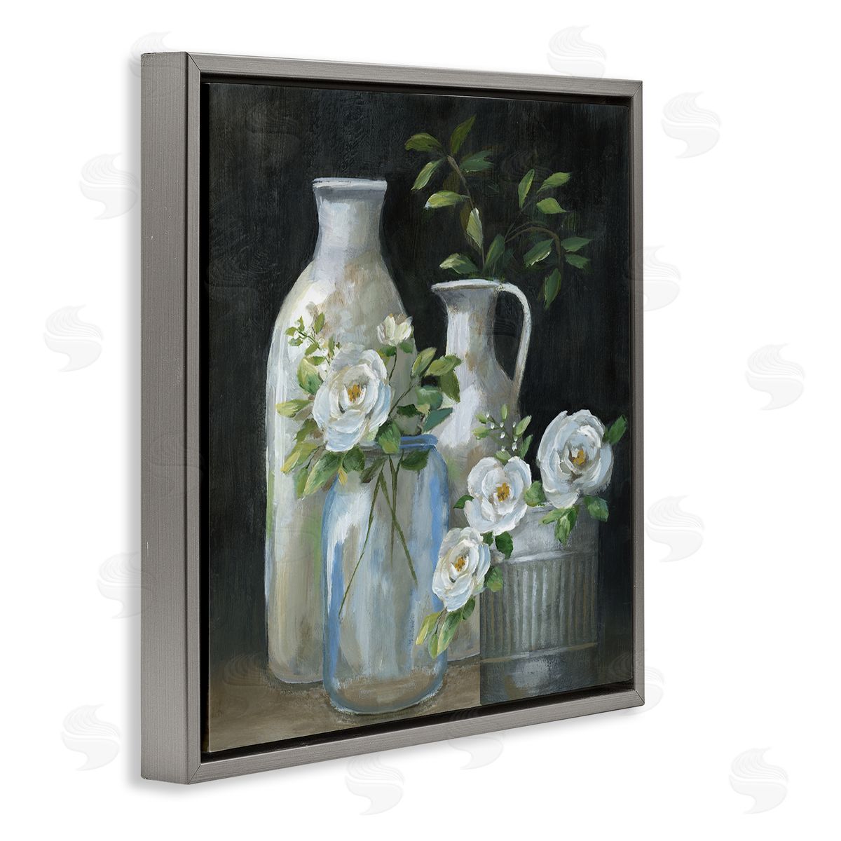 Nan Blooming Florals Botanical Jugs Gray Floating Frame Canvas Wall Art Print