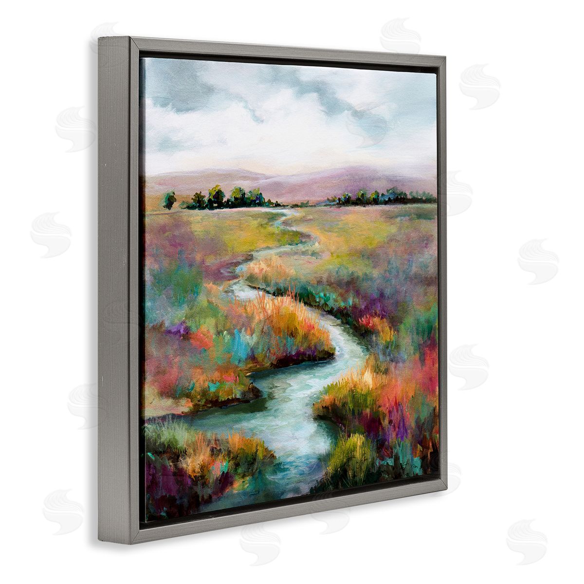 Karen Hale Vivid River Flowing Rural Vegetation Gray Floating Frame Canvas Wall Art Print