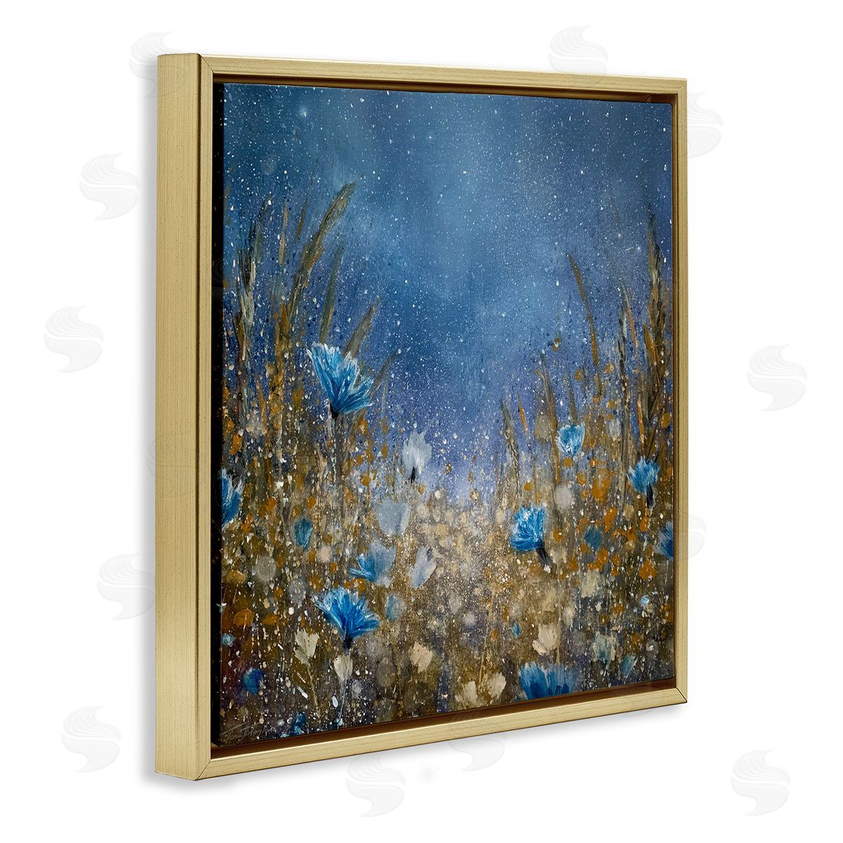 Jennifer Taylor Art Deep Blue Botanical Meadow Grass Gold Floating Frame Canvas Wall Art Print