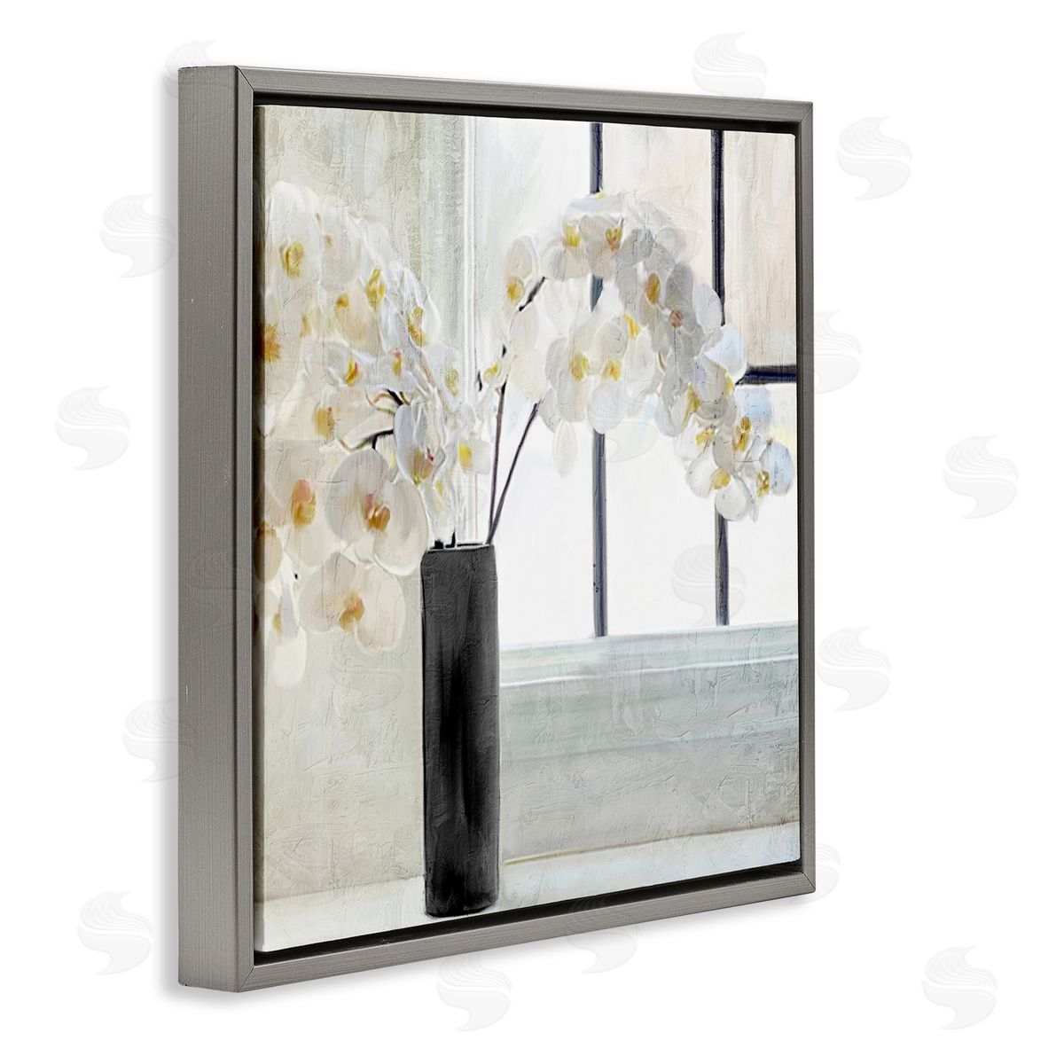 Kim Allen Sunlit White Orchids Arrangement Gray Floating Frame Canvas Wall Art Print