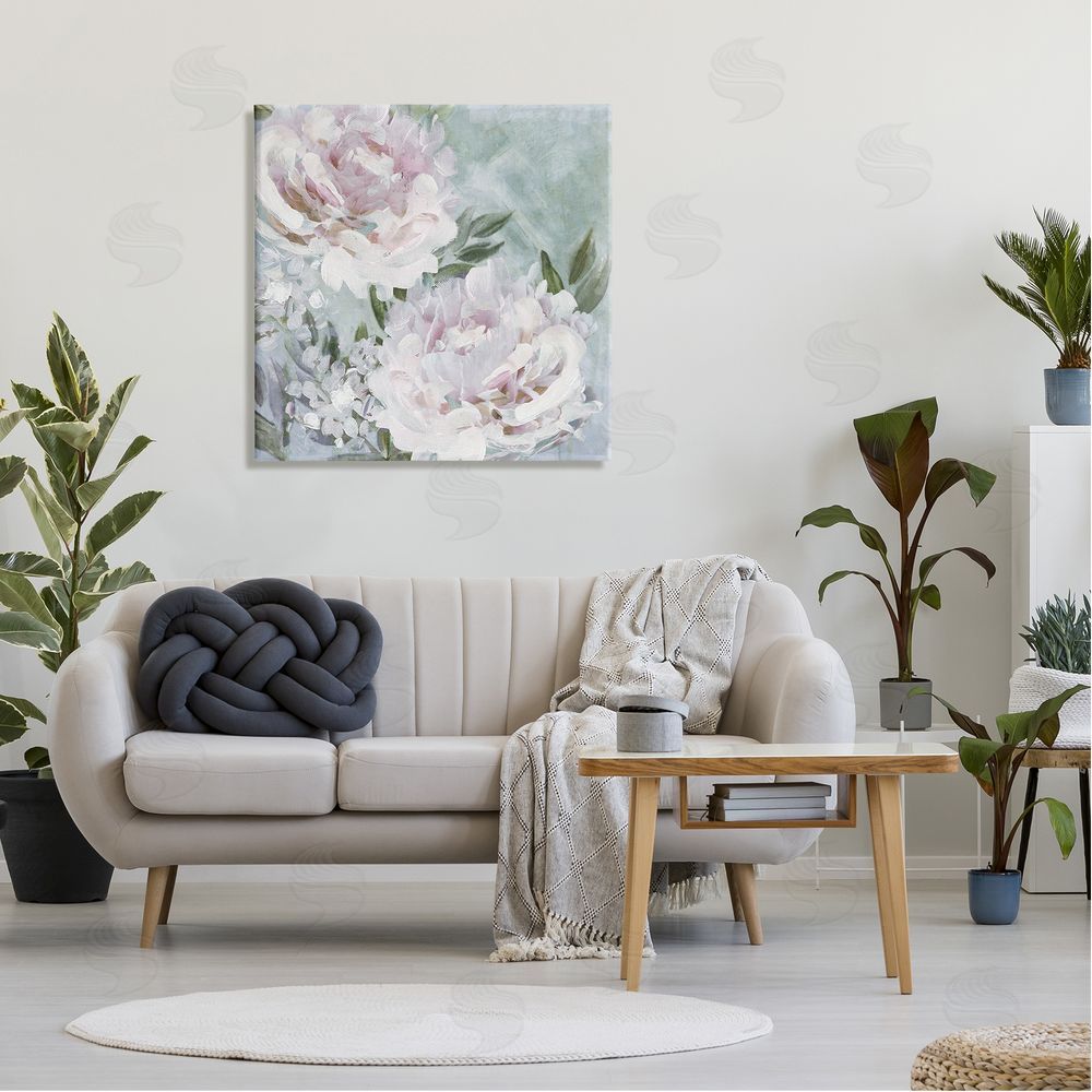 Nina Blue Fluffy Pink Peonies Floral Canvas Wall Art in Room