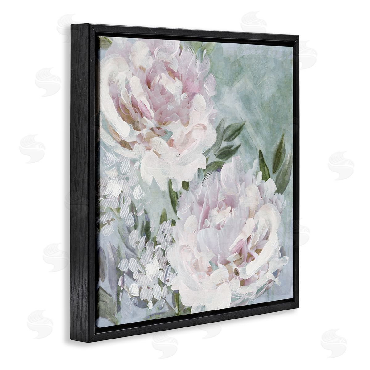 Nina Blue Fluffy Pink Peonies Floral Black Floating Frame Canvas Wall Art Print