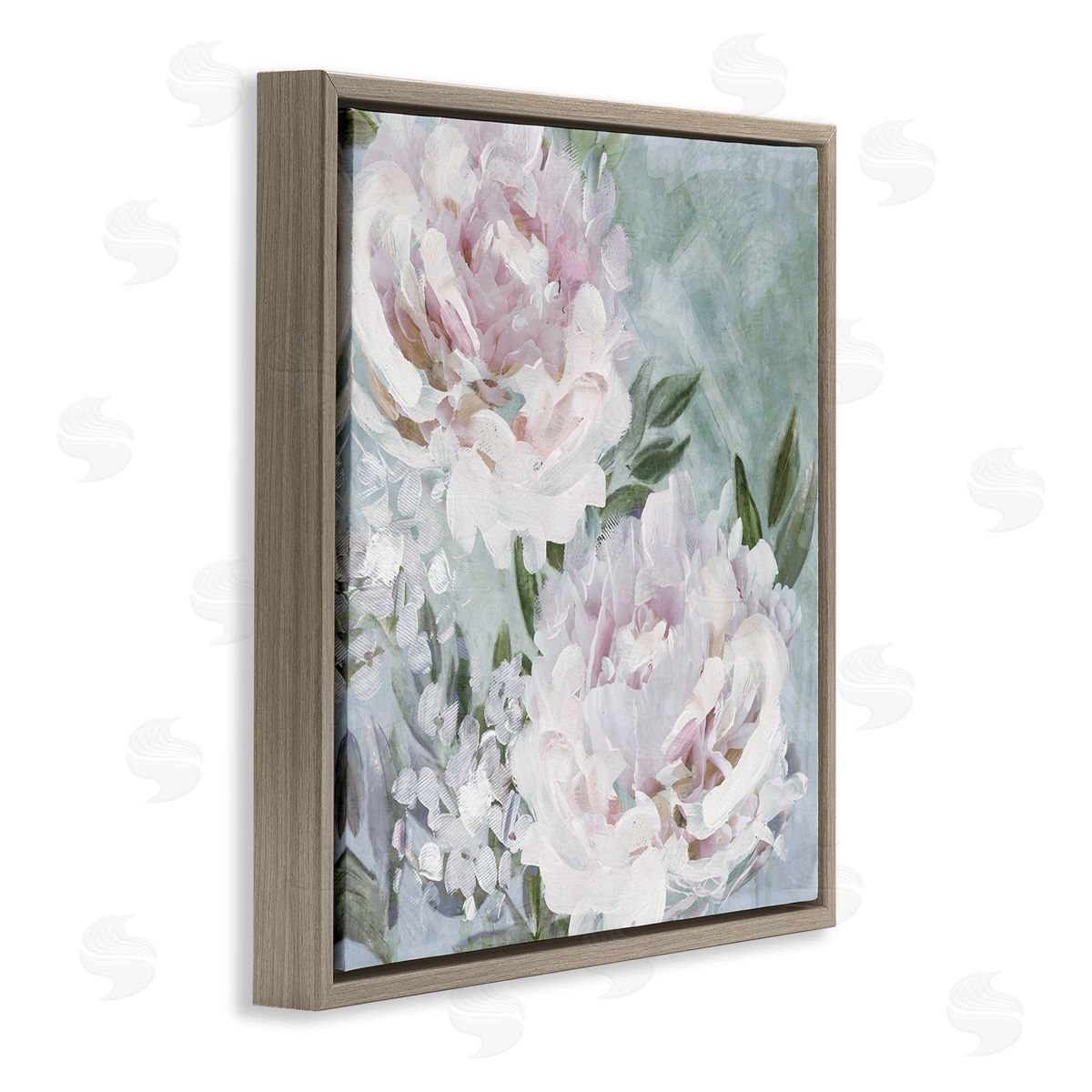 Nina Blue Fluffy Pink Peonies Floral Brown Floating Frame Canvas Wall Art Print