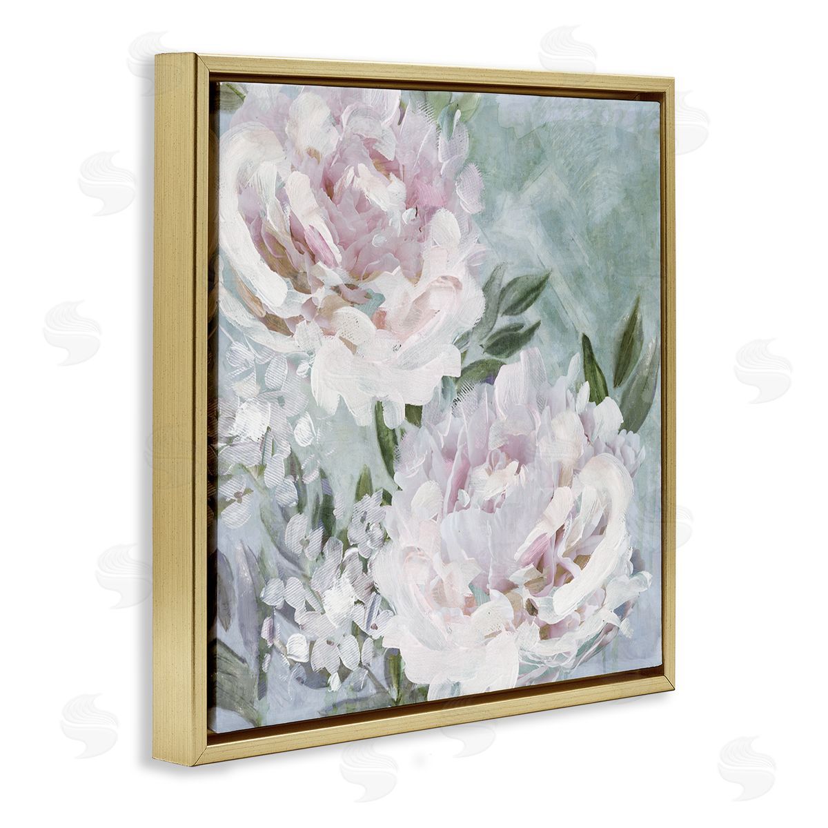 Nina Blue Fluffy Pink Peonies Floral Gold Floating Frame Canvas Wall Art Print