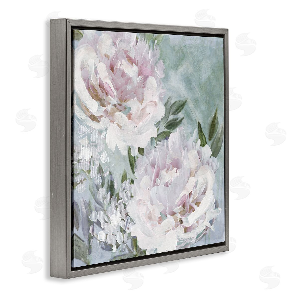 Nina Blue Fluffy Pink Peonies Floral Gray Floating Frame Canvas Wall Art Print