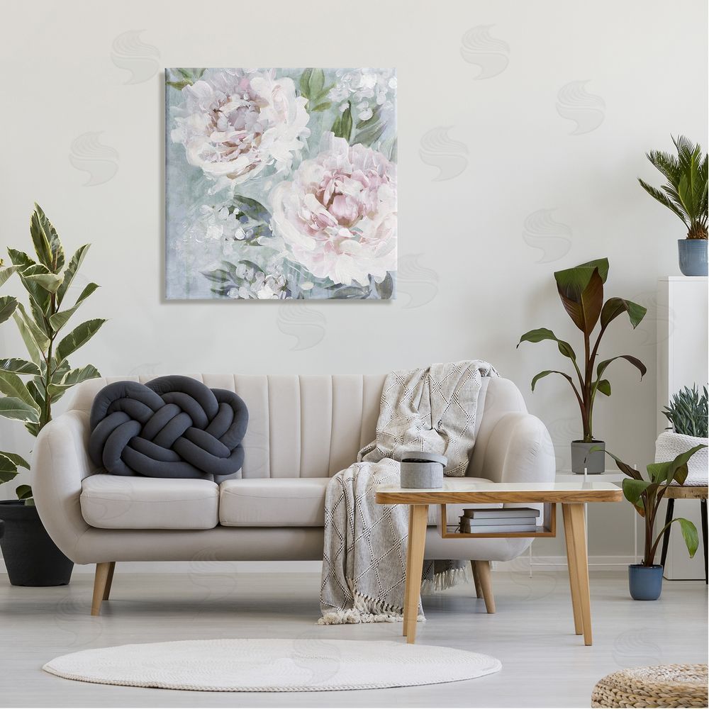 Nina Blue Delicate Pink Flowers Close Up Canvas Wall Art in Room