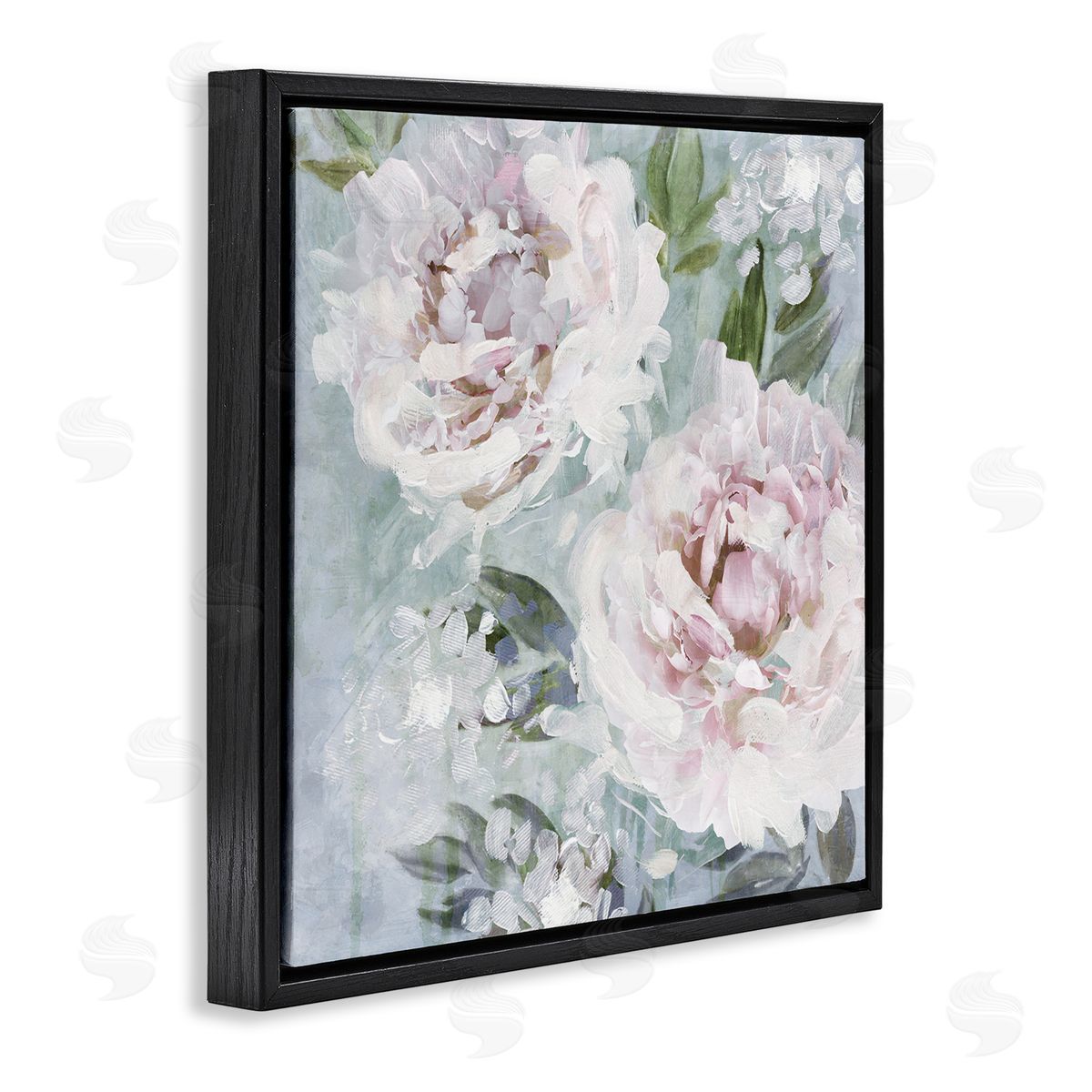 Nina Blue Delicate Pink Flowers Close Up Black Floating Frame Canvas Wall Art Print