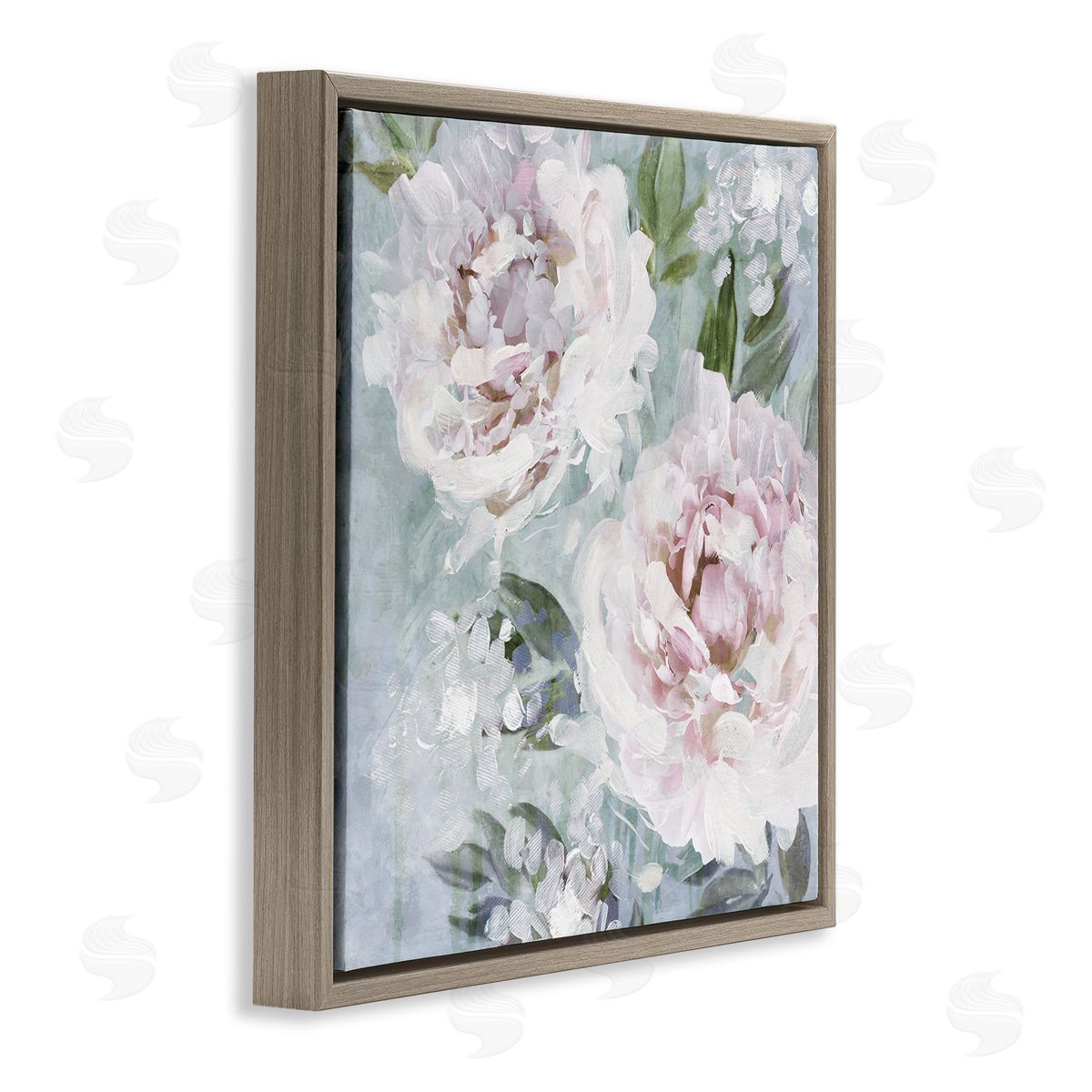 Nina Blue Delicate Pink Flowers Close Up Brown Floating Frame Canvas Wall Art Print